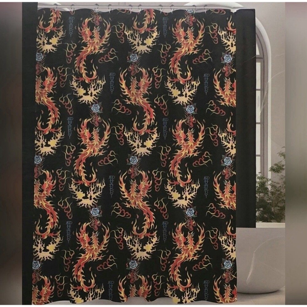 Ed Hardy 14 piece shower curtain set dragon fire roses black flames NWT gold